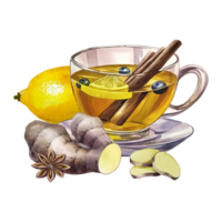 A cup of tea with lemon, ginger, cinnamon and star anise. A glass transparent cup filled with tea. a hand-drawn watercolor illustration. For design solutions of invitation, banner, packaging and menu png