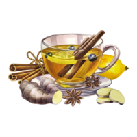 A cup of tea with lemon, ginger, cinnamon and star anise. A glass transparent cup filled with tea. a hand-drawn watercolor illustration. For design solutions of invitation, banner, packaging and menu png