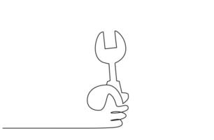 human person hand holding wrench one line art design vector