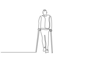 Disabled female patient walking with crutches line art design vector