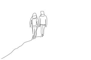 two people nature backpack walking hike trekking far away back rear behind lifestyle line art design vector