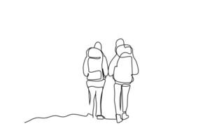 two people nature backpack walking hike trekking far away back rear behind lifestyle line art design vector