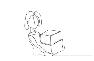 young woman carrying boxes on top of each other, busy work and gift surprise packages line art deisgn vector