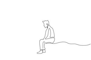 man thoughtful negative bad feelings old remembers looking away waiting sitting one line art design vector