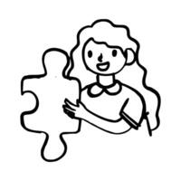 Doodle Woman holding puzzle piece. Digital business illustration vector
