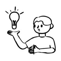 Doodle Man and light bulb, concept of getting an idea vector
