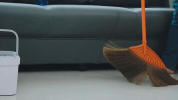 Woman cleaning table using rag and diffuser at home. video