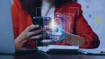 Cybersecurity and privacy concepts to protect data. Lock icon and internet network security technology. Businessman protecting personal data on hand, virtual screen interfaces. Cybersecurity. video