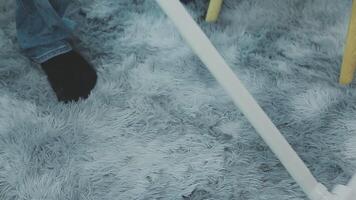 Woman cleaning table using rag and diffuser at home. video