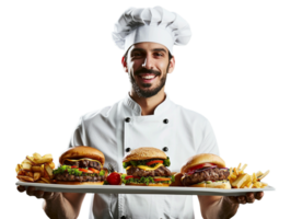 chefe de cozinha segurando 1 prato com hambúrgueres e fritas png