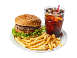 a hamburger and fries are on a plate with a drink png