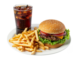 uma Hamburger e fritas estão em uma prato com uma beber png