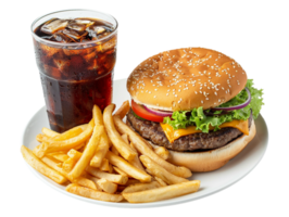 a hamburger and fries are served on a plate with a drink png