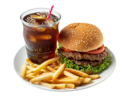 a hamburger and fries on a plate with a drink png