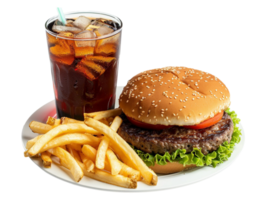 a hamburger and fries with a drink on a plate png