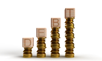 Wooden block cube square debt text font coin golden money wealth growth up business financial currency banking success dollar rich stack payment budget shiny stock market tax exchange dicut.3d render png