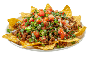 Plate of Nachos Topped With Ground Beef and Tomatoes png