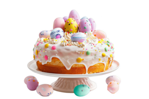 Easter Cake With White Frosting and Decorated Eggs png