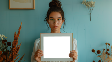 Mockup frame photo. Turquoise wall. Vertical portrait. Empty board in afro young girl hands. . Colorful illustration png