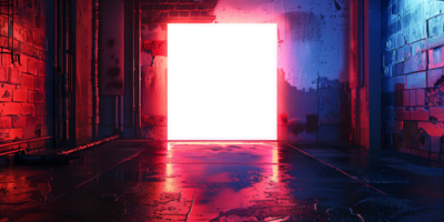 Mockup Sci Fi Modern Neon Glowing Rectangle Frame Purple Pink Blue Colored Lights In Dark Empty Grunge Concrete Brick Room Background 3D. Colorful illustration. . png