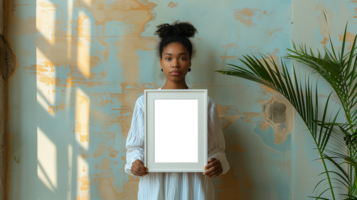 Mockup frame photo. Turquoise wall. Vertical portrait. Empty board in afro young girl hands. . Colorful illustration png