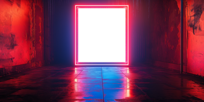 Bosquejo ciencia fi moderno neón brillante rectángulo marco púrpura rosado azul de colores luces en oscuro vacío grunge hormigón ladrillo habitación antecedentes 3d. vistoso ilustración. . png