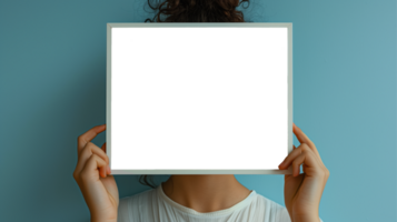 Mockup frame photo. Turquoise wall. Vertical portrait. Empty board in girl hands. . Colorful illustration png