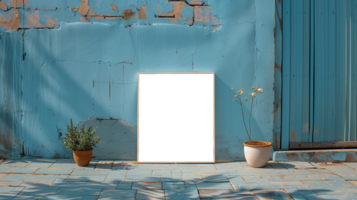 Mockup Wooden frame with turquoise concrete wall background interior. Plants and natural light studio. . Colorful illustration png