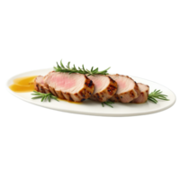 Grilled pork tenderloin with a honey garlic glaze and a sprig of rosemary Summer food png