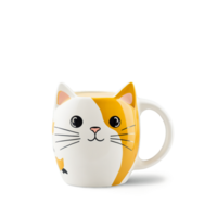 schrullig Katze geformt Keramik Becher mit ein Hand gemalt Kattun Design gefüllt mit ein cremig png