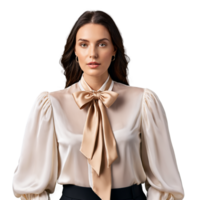 Elegant silk blouse in ivory with a pussy bow neck tie and billowing sleeves floating png