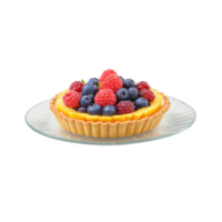 Fruit tart with a pastry crust custard filling and assorted fruits on a clear plate png