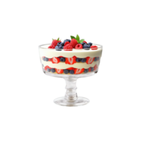 Summer berry trifle with layers of sponge cake custard and mixed berries in a clear png