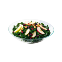 Kale salad with sliced apples dried cranberries and toasted almonds tossed in a honey Dijon png