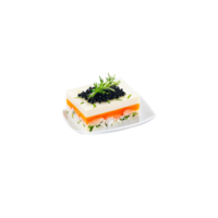 Seafood terrine layered mousse garnished with caviar and herbs photographed from the side png