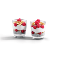 Breakfast parfait with layers of chia pudding vanilla yogurt and fresh raspberries png