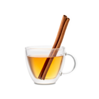 Cinnamon tea in a chic clear glass cup with steam and a cinnamon stick png