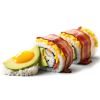 Frühstück Sushi Rollen mit Sushi Reis eingewickelt um durcheinander Eier knusprig Speck und geschnitten Avocado png