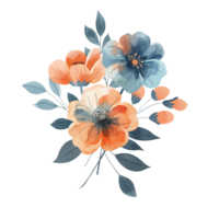 beautiful floral arrangement with three flowers in orange and blue colors png