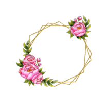 aquarelle illustration géométrique hexagonal Cadre de rose pivoines, bourgeons et feuilles. botanique composition isolé de Contexte. génial modèle pour décor, papeterie, mariage faire-part, bannières, png