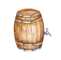 Watercolor illustration of a wooden barrel with a tap for beer, wine, cognac, rum, brandy and other alcoholic drinks. Isolated from background. Suitable for interior design, menus, product packaging png