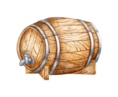 Watercolor illustration of a wooden barrel with a tap standing on its side for beer, wine, cognac, rum, brandy and other alcoholic drinks. Isolated from the background. Suitable for interior design, png