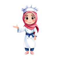 vriendelijk schattig aanbiddelijk hijab chef met gastvrij houding geïsoleerd transparant illustratie png