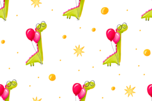 Seamless background with green cartoon dinosaur with glasses and pink balloons celebrating birthday. Hand drawn holiday illustration on isolated background png