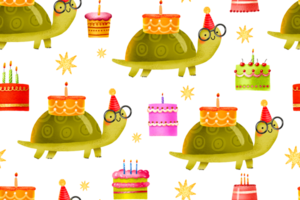 Seamless pattern with cheerful cartoon turtle with cakes. Happy birthday. Background. Hand drawn holiday illustration on isolated background png