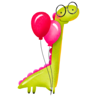 Green cartoon dinosaur with glasses and pink balloons celebrating birthday. Hand drawn holiday illustration on isolated background png