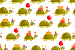 Seamless pattern with funny cartoon turtles celebrating birthday. Happy birthday. Background. Hand drawn holiday illustration on isolated background png