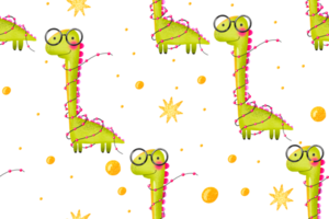 Seamless background with a green cartoon dinosaur in glasses and with pink garlands celebrating a birthday. Hand drawn holiday illustration on isolated background png