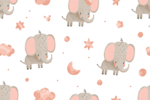 Seamless background with little baby elephant. Illustration of stars, clouds and star elements. Good night. Illustration for newborns. Cute baby illustration on isolated background png