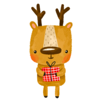 A cartoon deer is holding a box with a gift in his hands. Happy birthday. Cute baby illustration on isolated background png